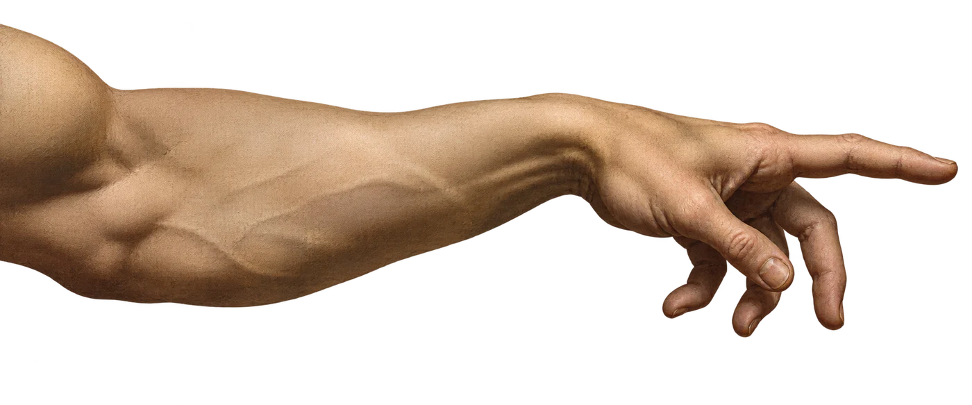 A Renaissance-style hand reaches from the left toward the coin